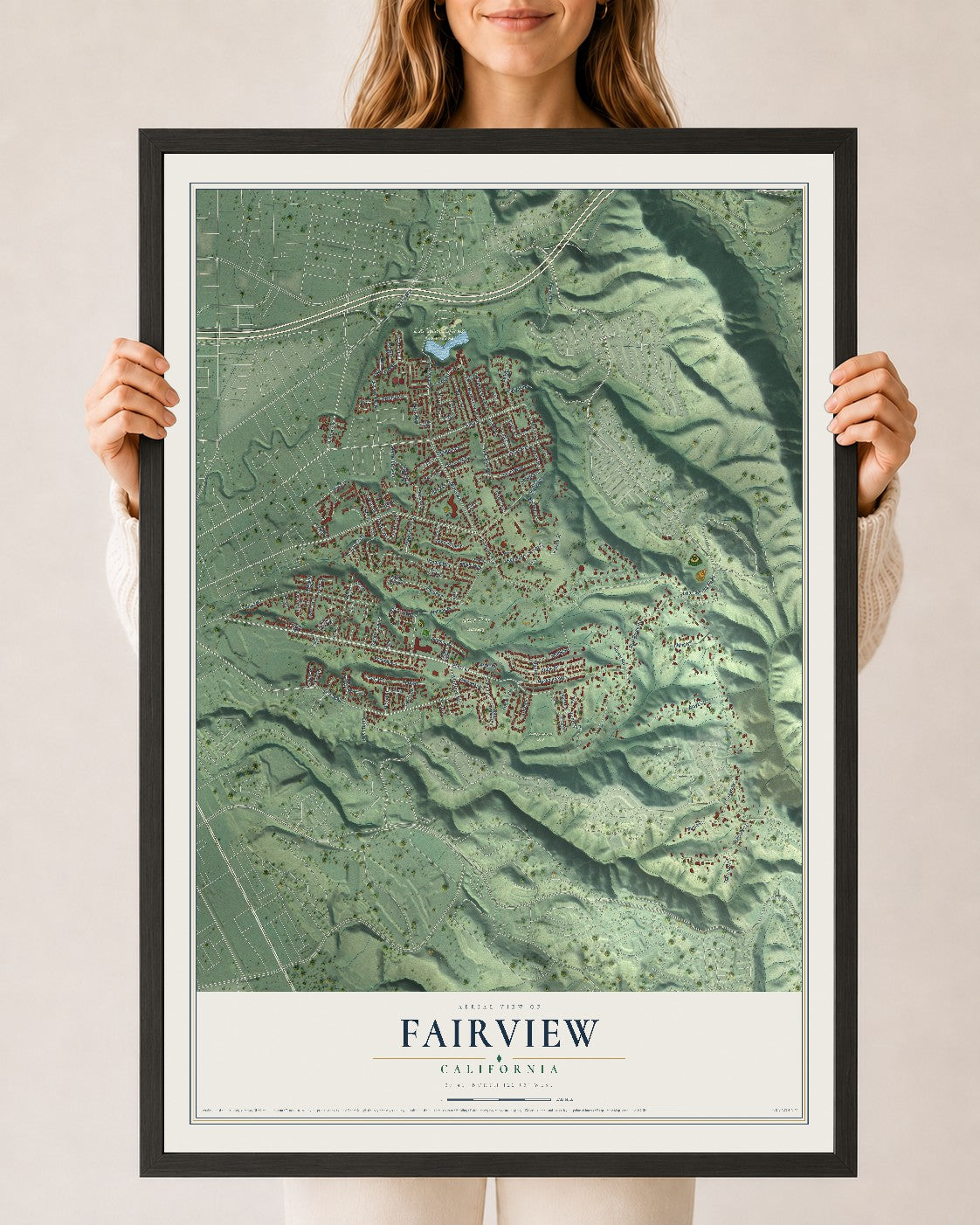 Map of Fairview, California, 24 x 36 inch print in a black wood frame