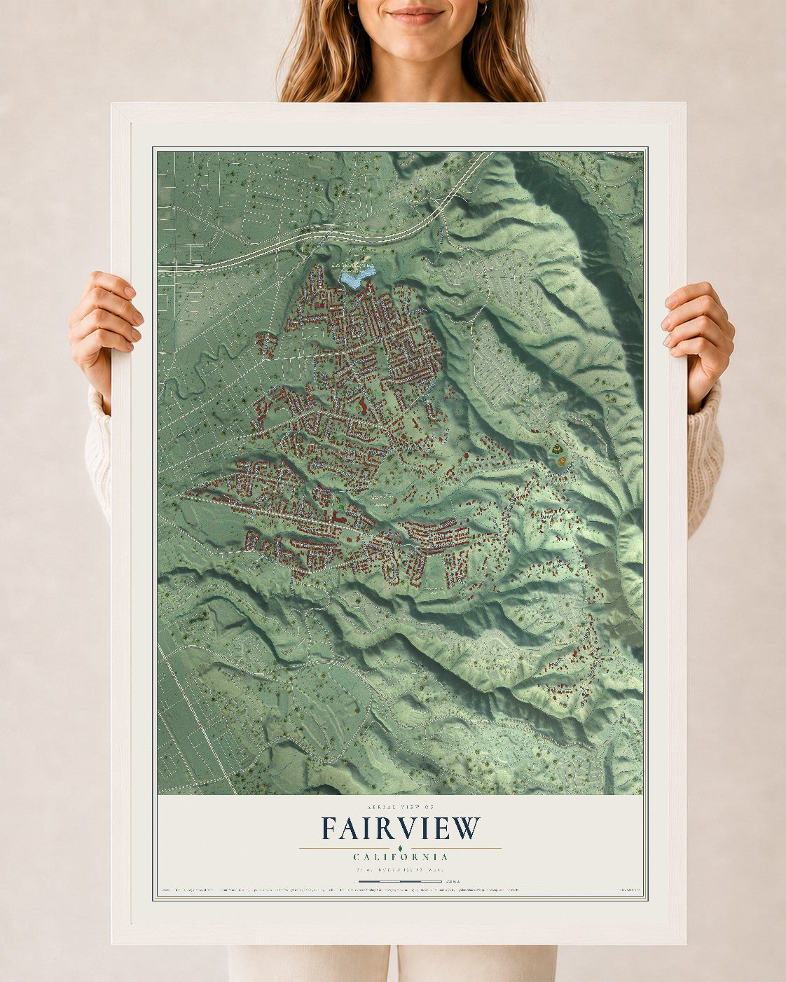Map of Fairview, California, 24 x 36 inch print in a white wood frame