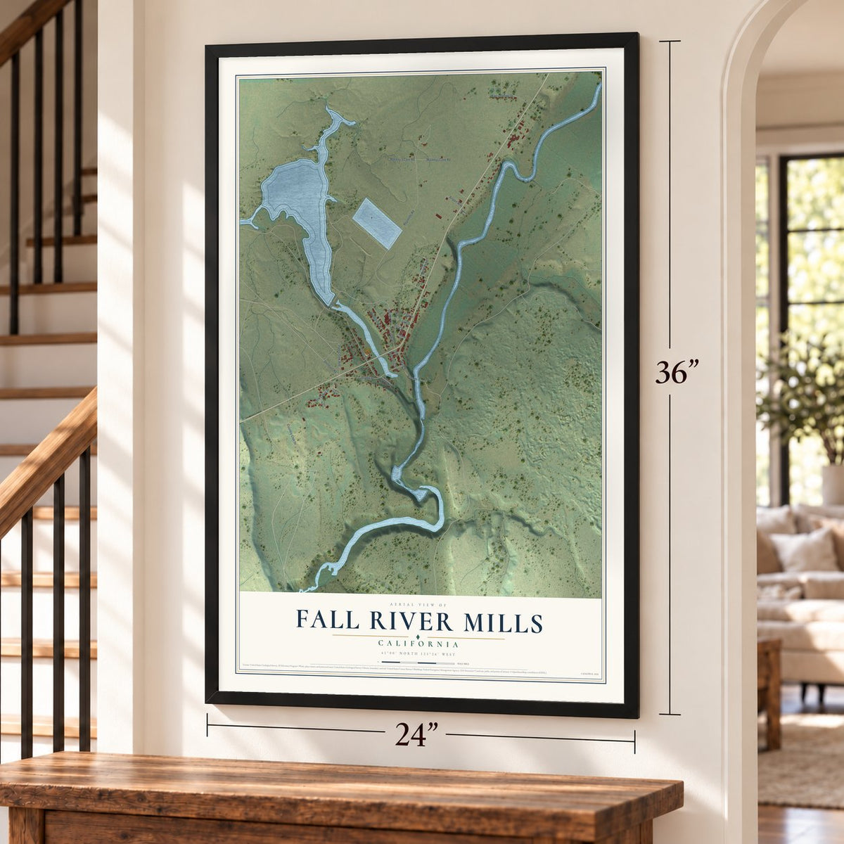 Fall River Mills, California map, 24 x 36 inch print in a black frame by a staircase
