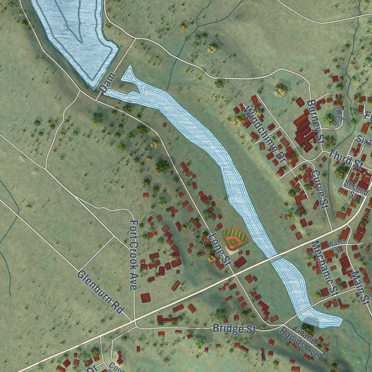 Close-up of the map of Fall River Mills, California print showing street and building detail