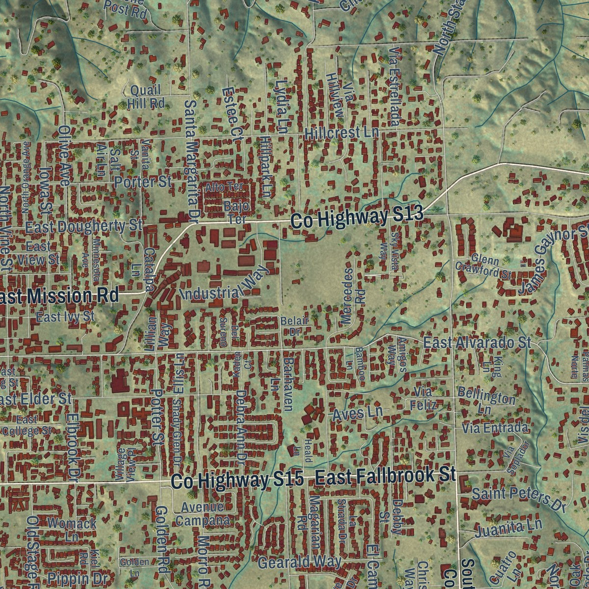 Close-up of the map of Fallbrook, California print showing street and building detail