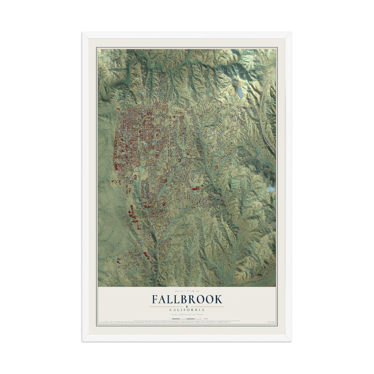 Map of Fallbrook, California, 12 x 18 inch print in a white wood frame