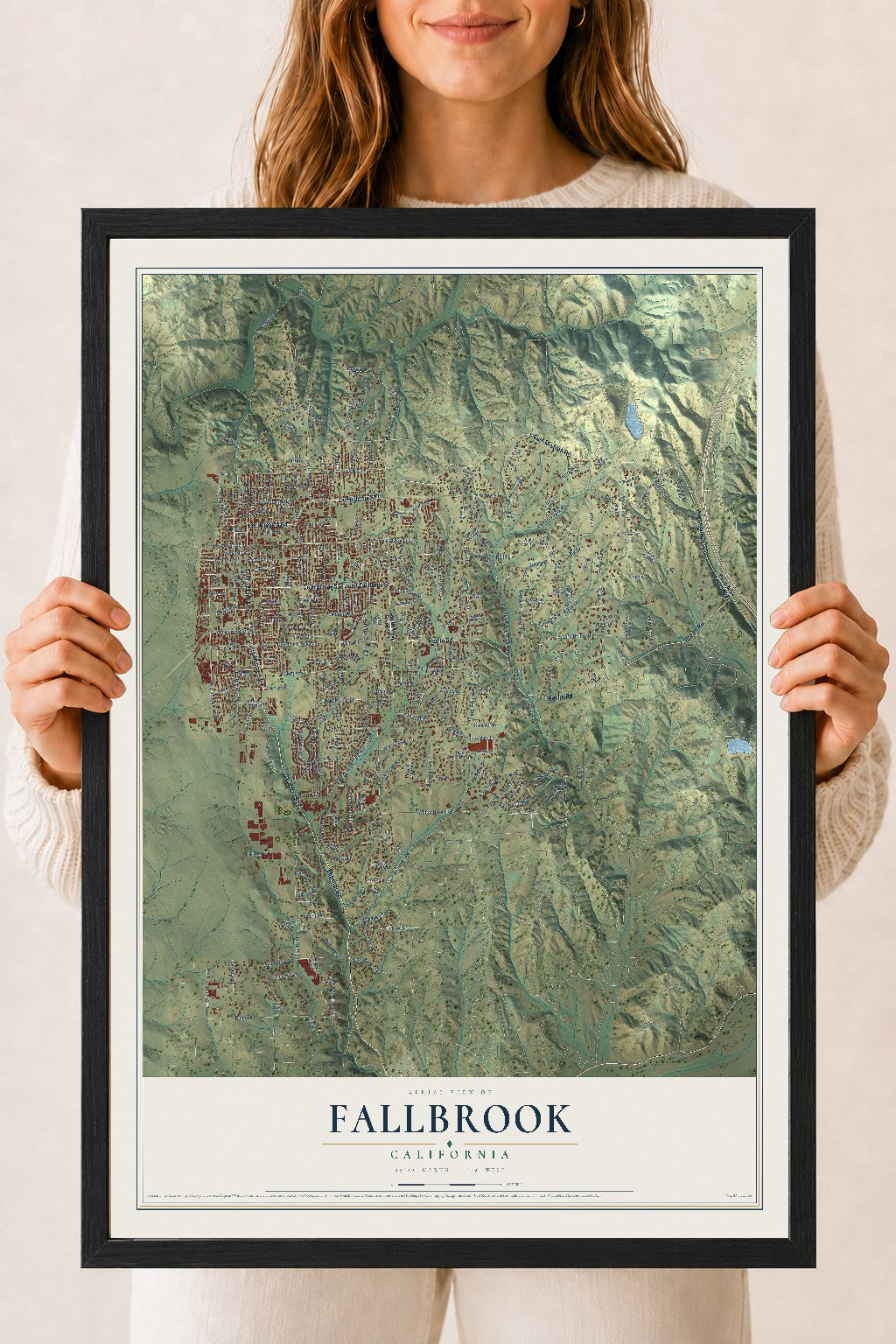 Map of Fallbrook, California, 18 x 24 inch print in a black wood frame
