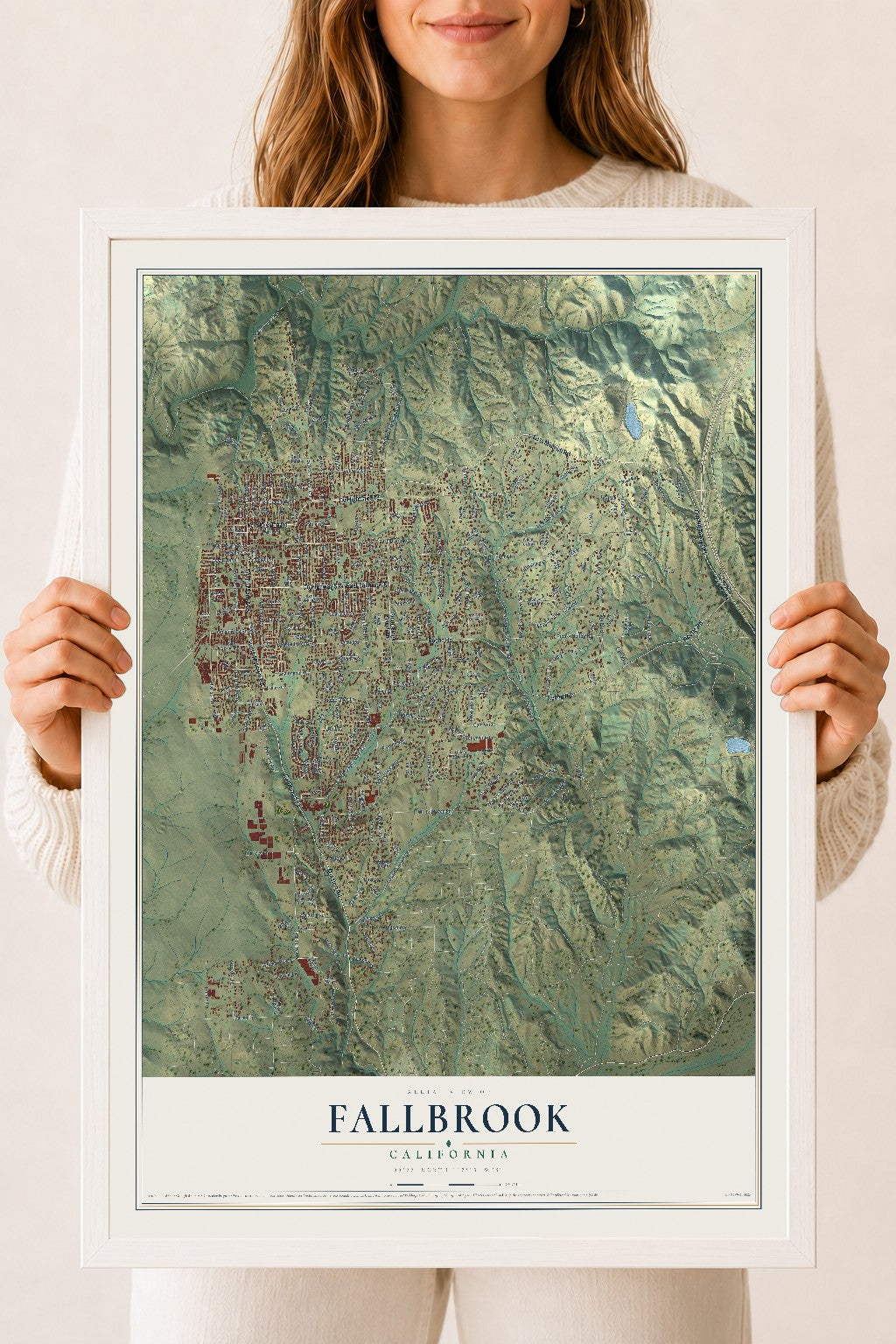 Map of Fallbrook, California, 18 x 24 inch print in a white wood frame
