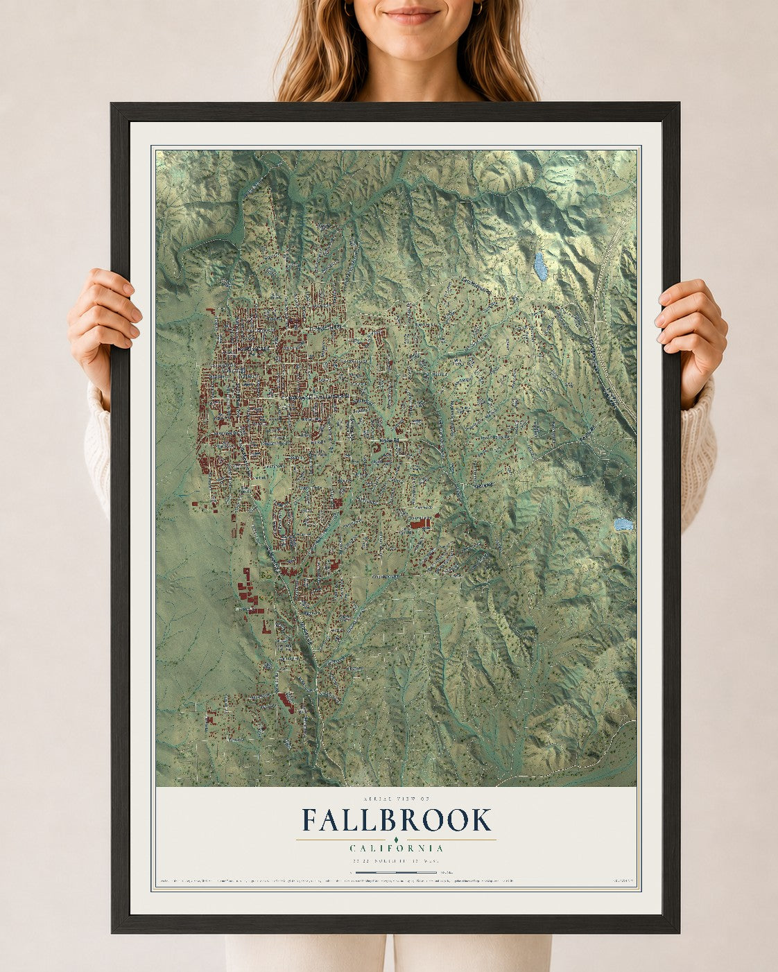 Map of Fallbrook, California, 24 x 36 inch print in a black wood frame