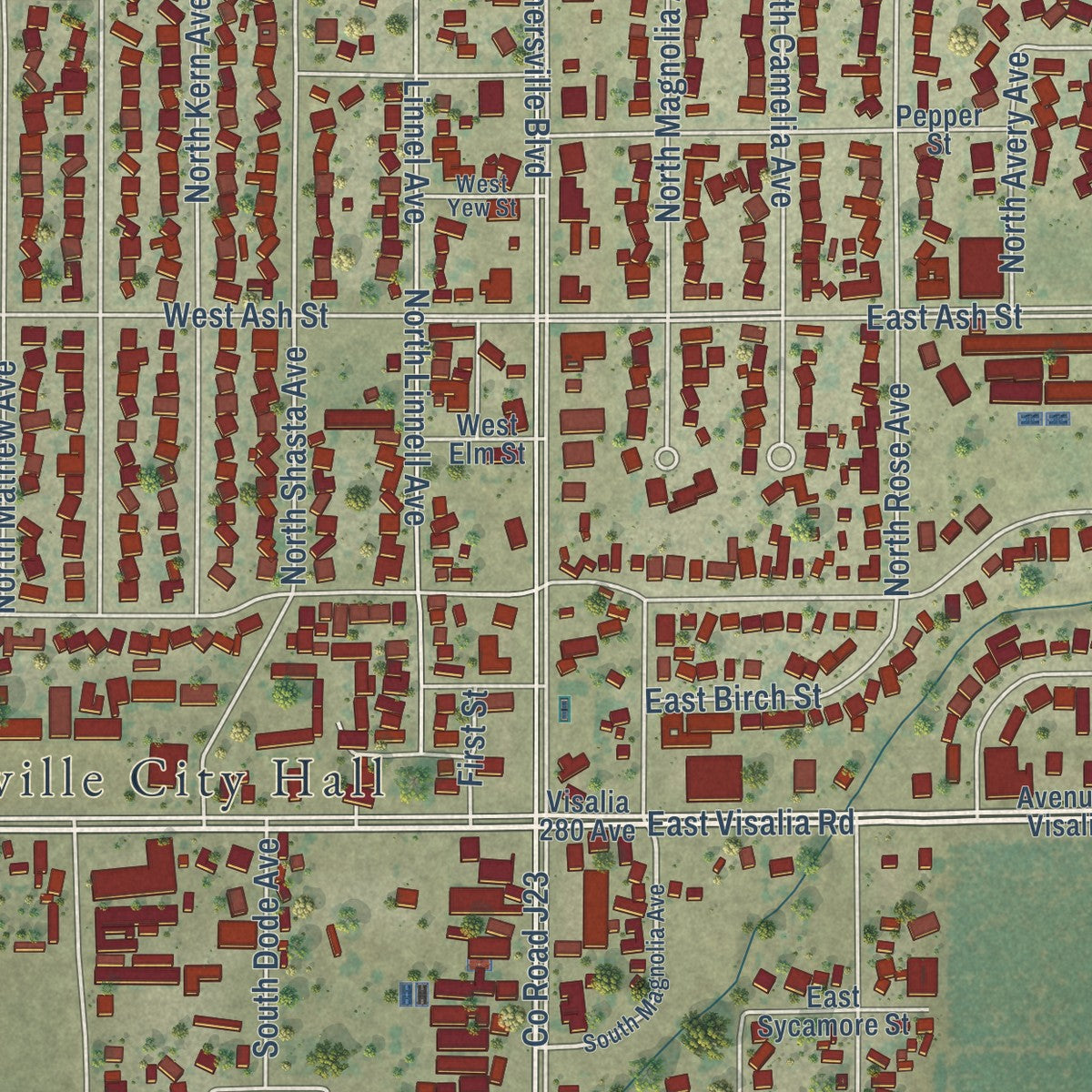 Close-up of the map of Farmersville, California print showing street and building detail