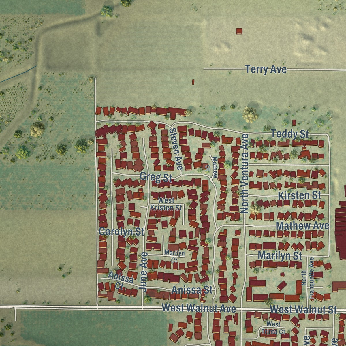 Second close-up of the map of Farmersville, California print showing more streets and buildings
