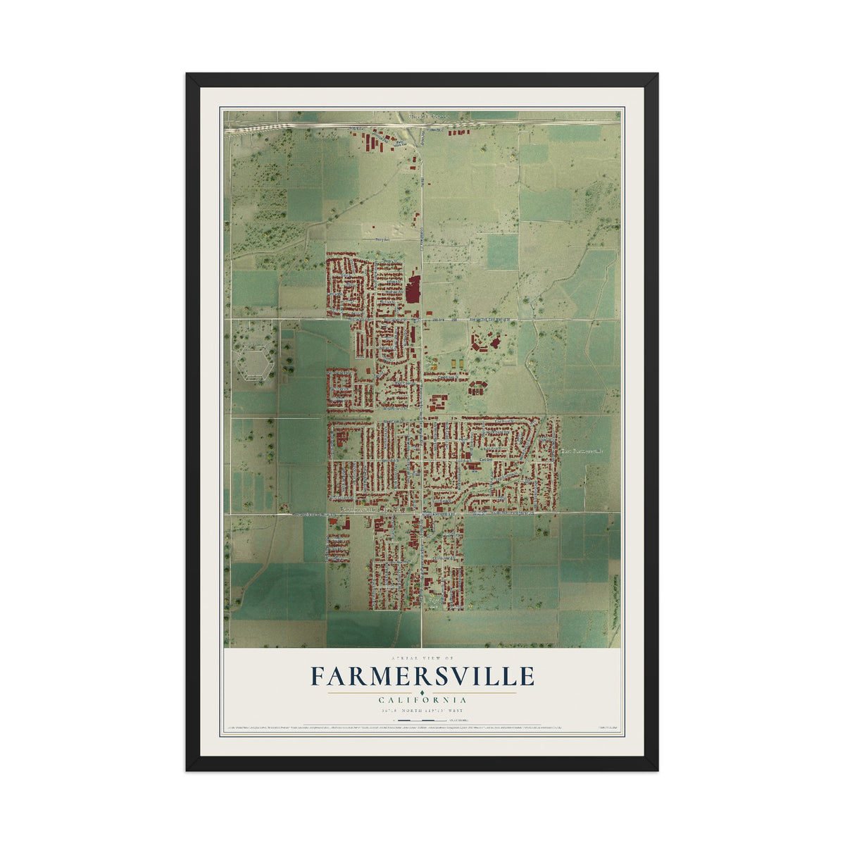 Map of Farmersville, California, 12 x 18 inch print in a black wood frame