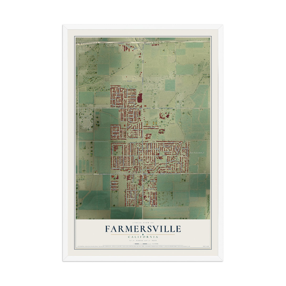 Map of Farmersville, California, 12 x 18 inch print in a white wood frame