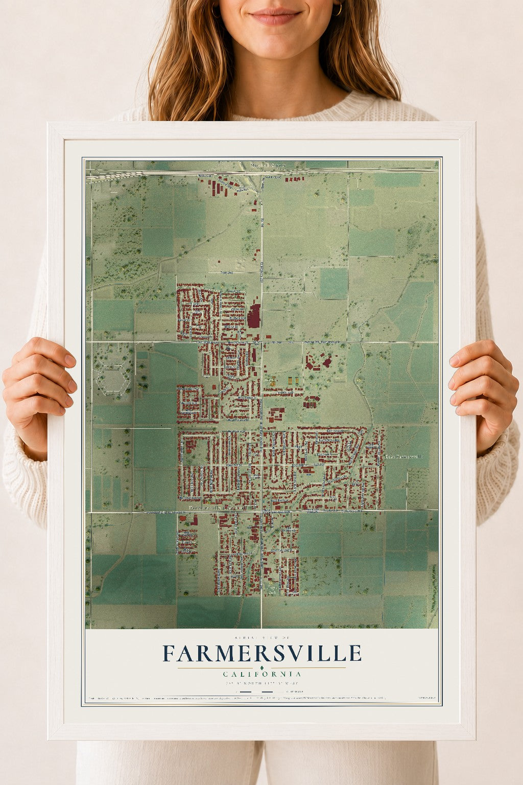 Map of Farmersville, California, 18 x 24 inch print in a white wood frame