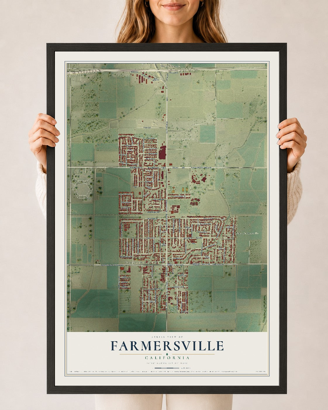 Map of Farmersville, California, 24 x 36 inch print in a black wood frame