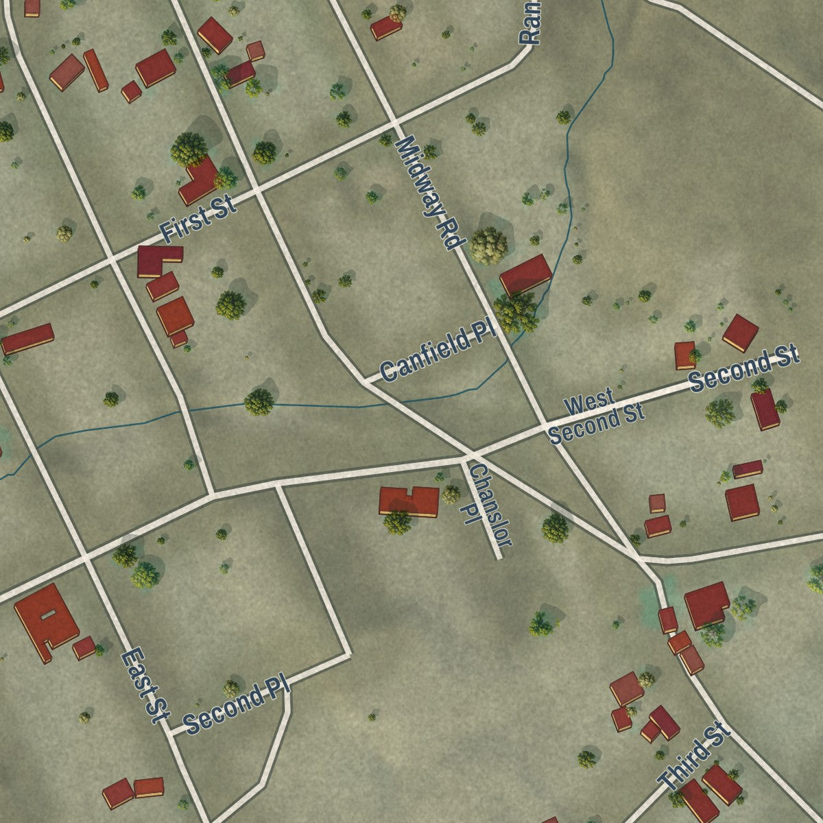 Close-up of the map of Fellows, California print showing street and building detail