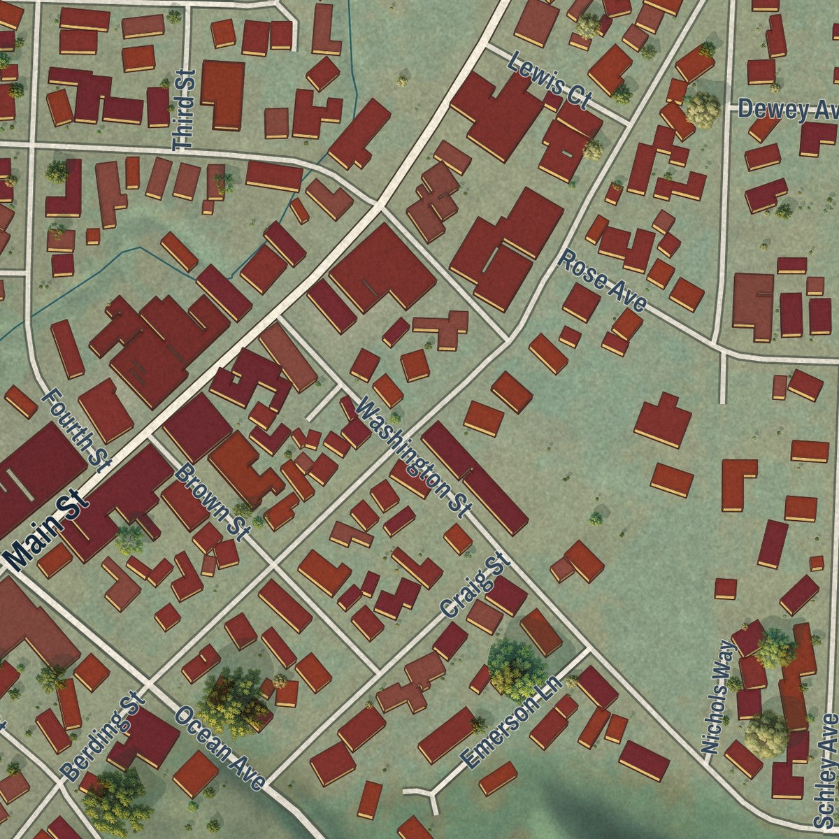 Close-up of the map of Ferndale, California print showing street and building detail