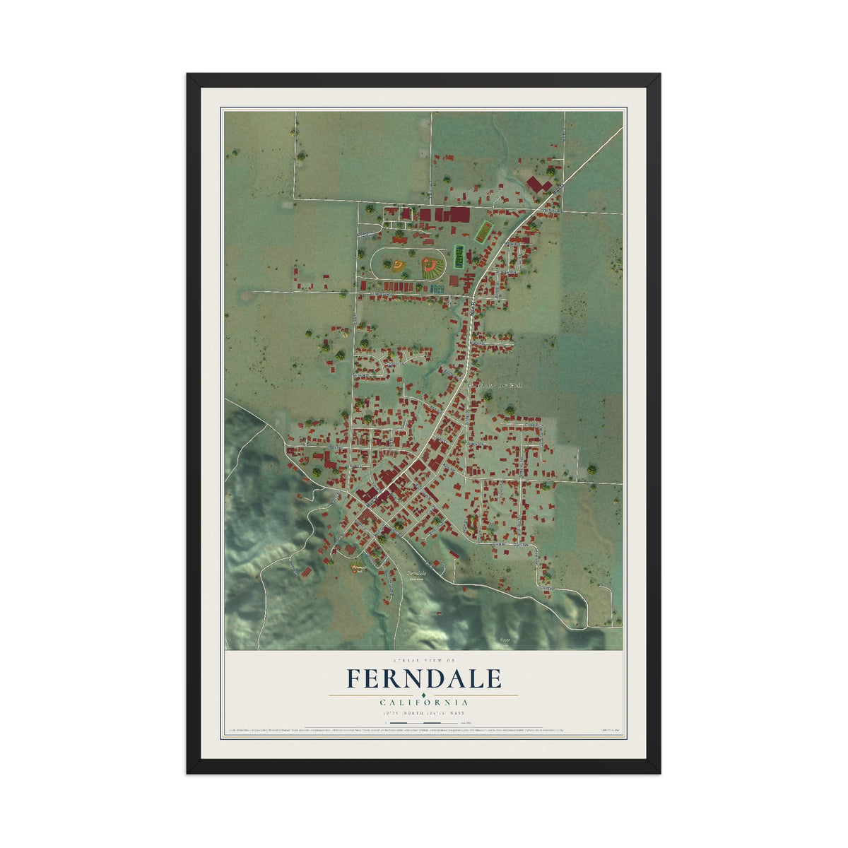 Map of Ferndale, California, 12 x 18 inch print in a black wood frame