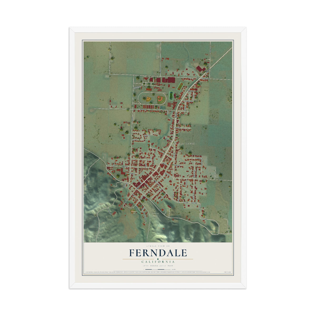 Map of Ferndale, California, 12 x 18 inch print in a white wood frame