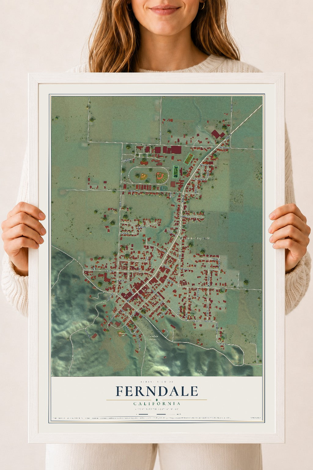 Map of Ferndale, California, 18 x 24 inch print in a white wood frame