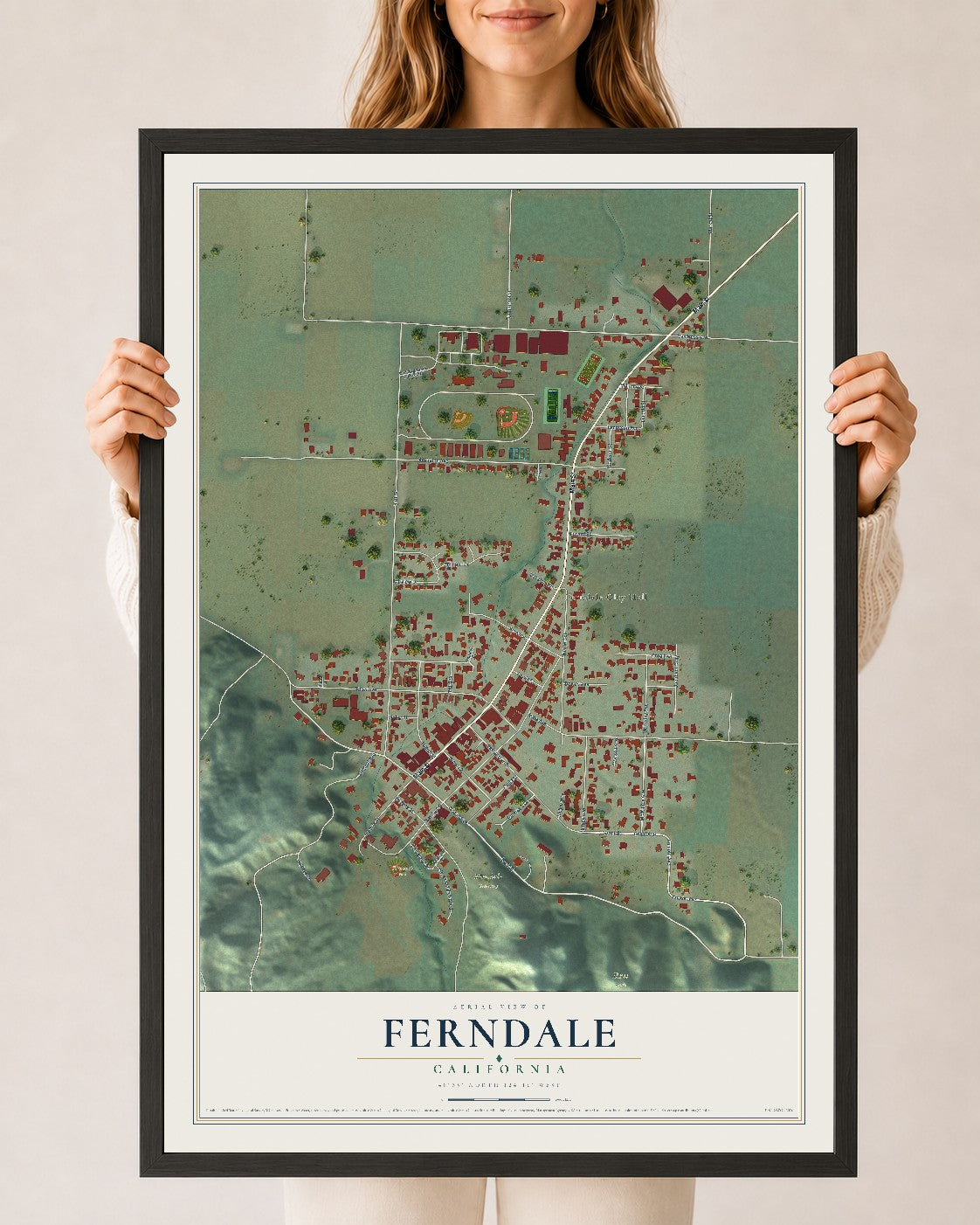 Map of Ferndale, California, 24 x 36 inch print in a black wood frame