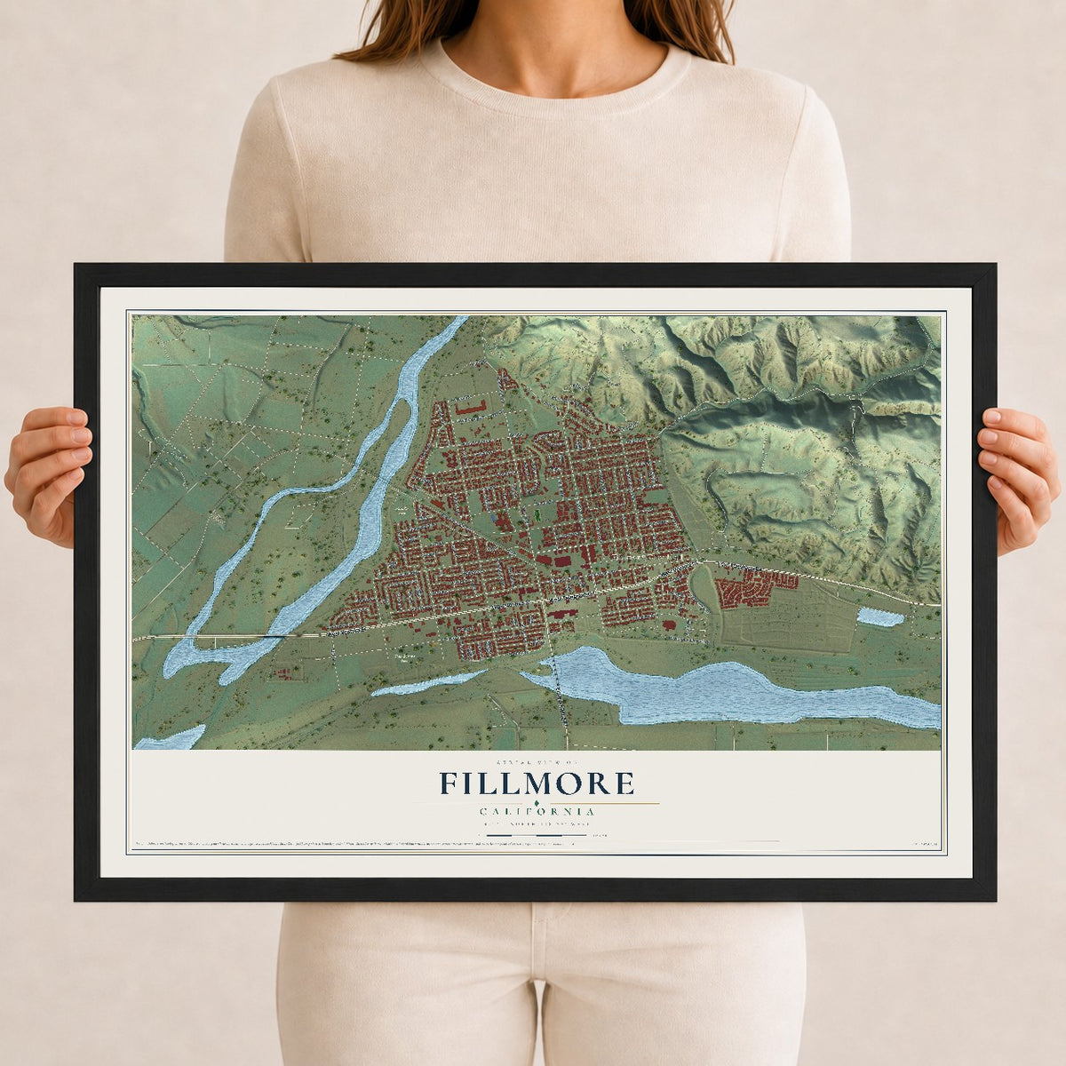 Map of Fillmore, California, 12 x 18 inch print in a black wood frame