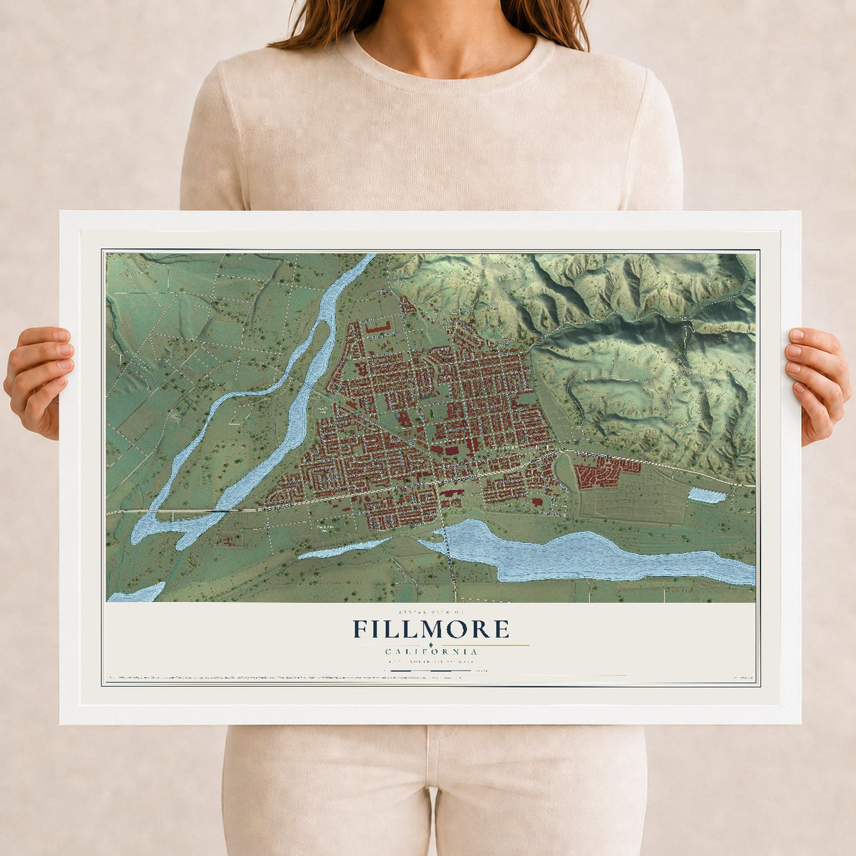 Map of Fillmore, California, 12 x 18 inch print in a white wood frame