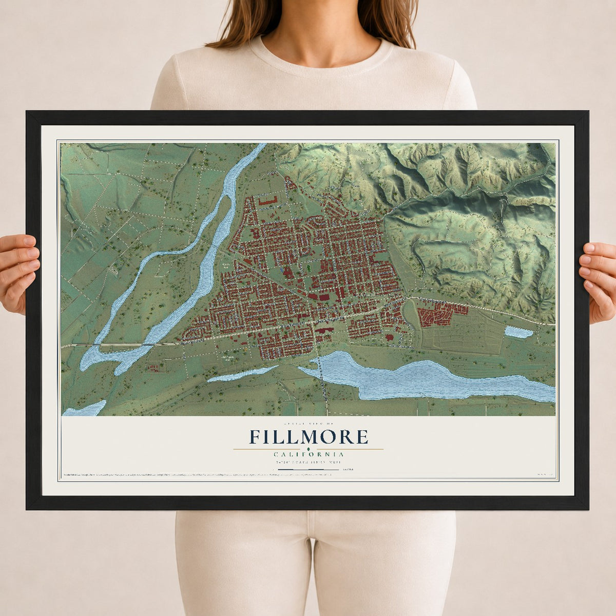Map of Fillmore, California, 18 x 24 inch print in a black wood frame