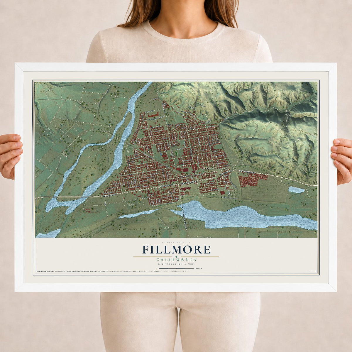 Map of Fillmore, California, 18 x 24 inch print in a white wood frame