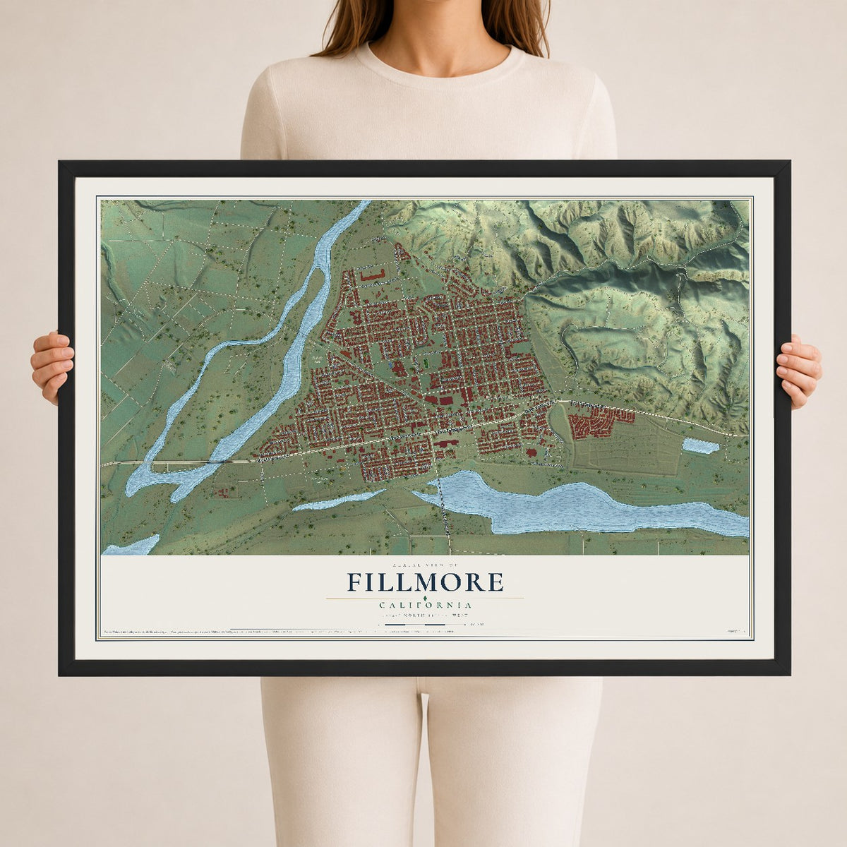 Map of Fillmore, California, 24 x 36 inch print in a black wood frame