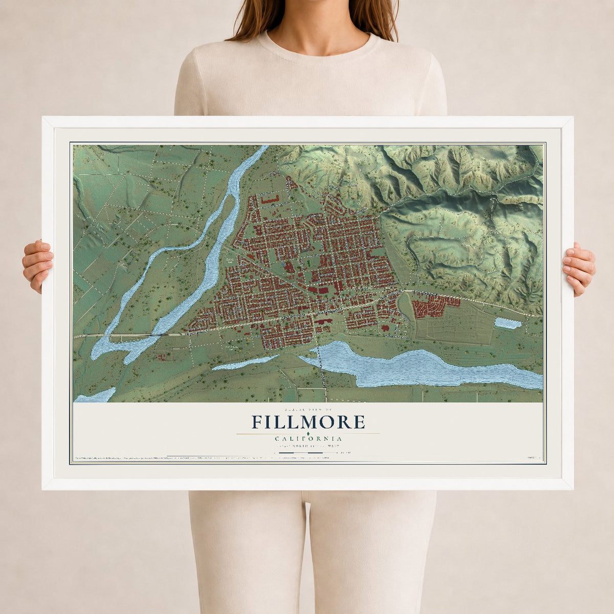 Map of Fillmore, California, 24 x 36 inch print in a white wood frame