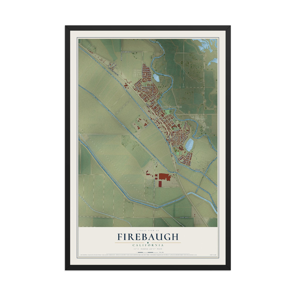 Map of Firebaugh, California, 12 x 18 inch print in a black wood frame