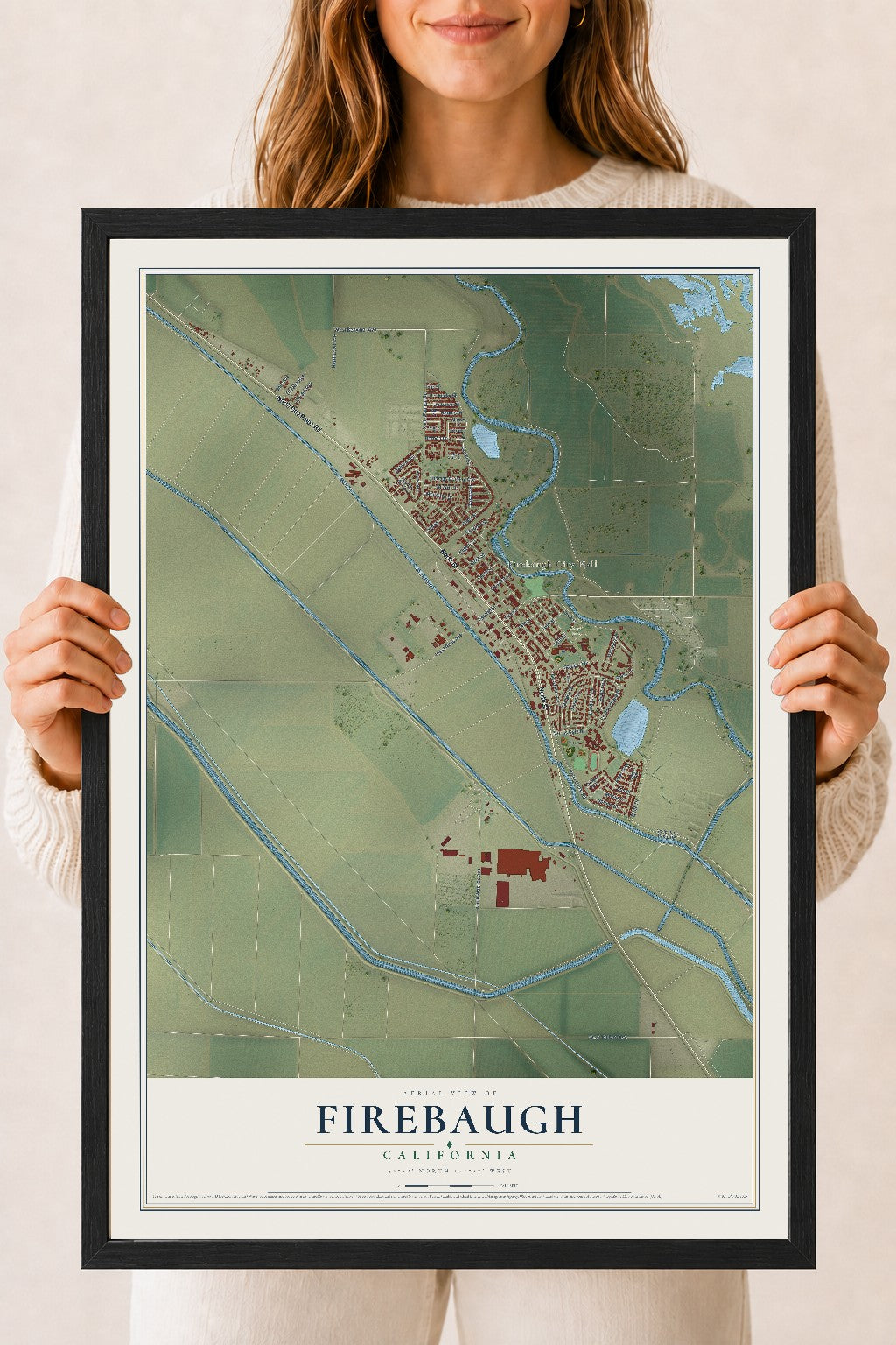 Map of Firebaugh, California, 18 x 24 inch print in a black wood frame