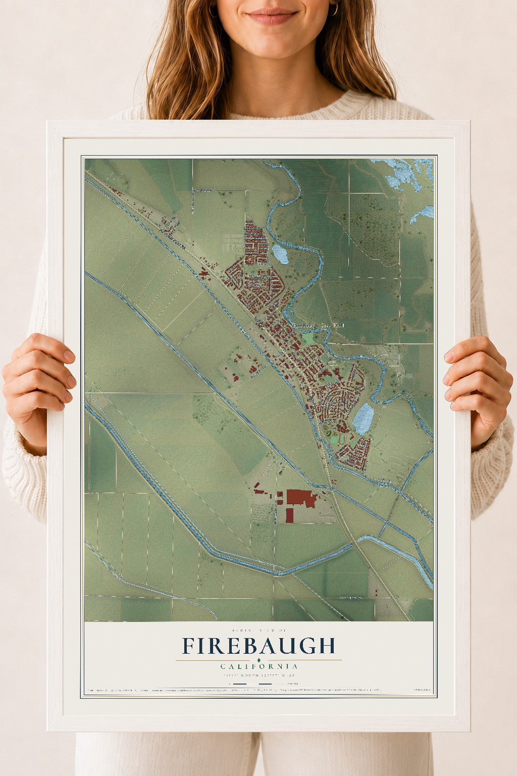 Map of Firebaugh, California, 18 x 24 inch print in a white wood frame