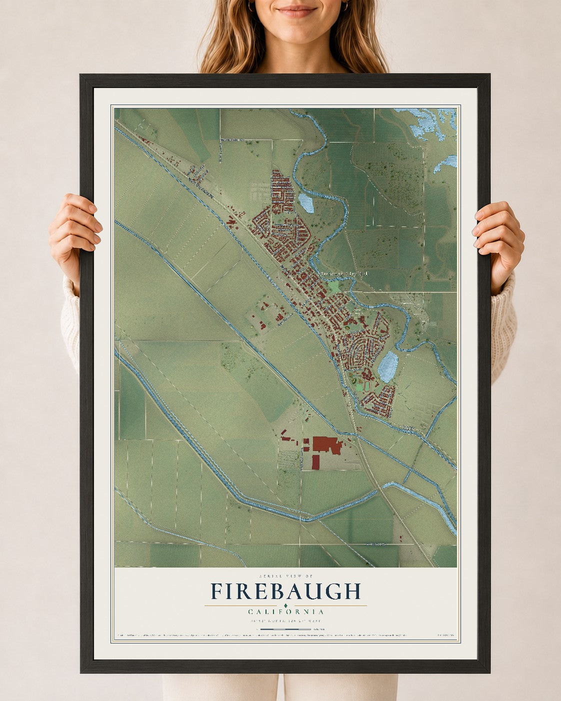 Map of Firebaugh, California, 24 x 36 inch print in a black wood frame