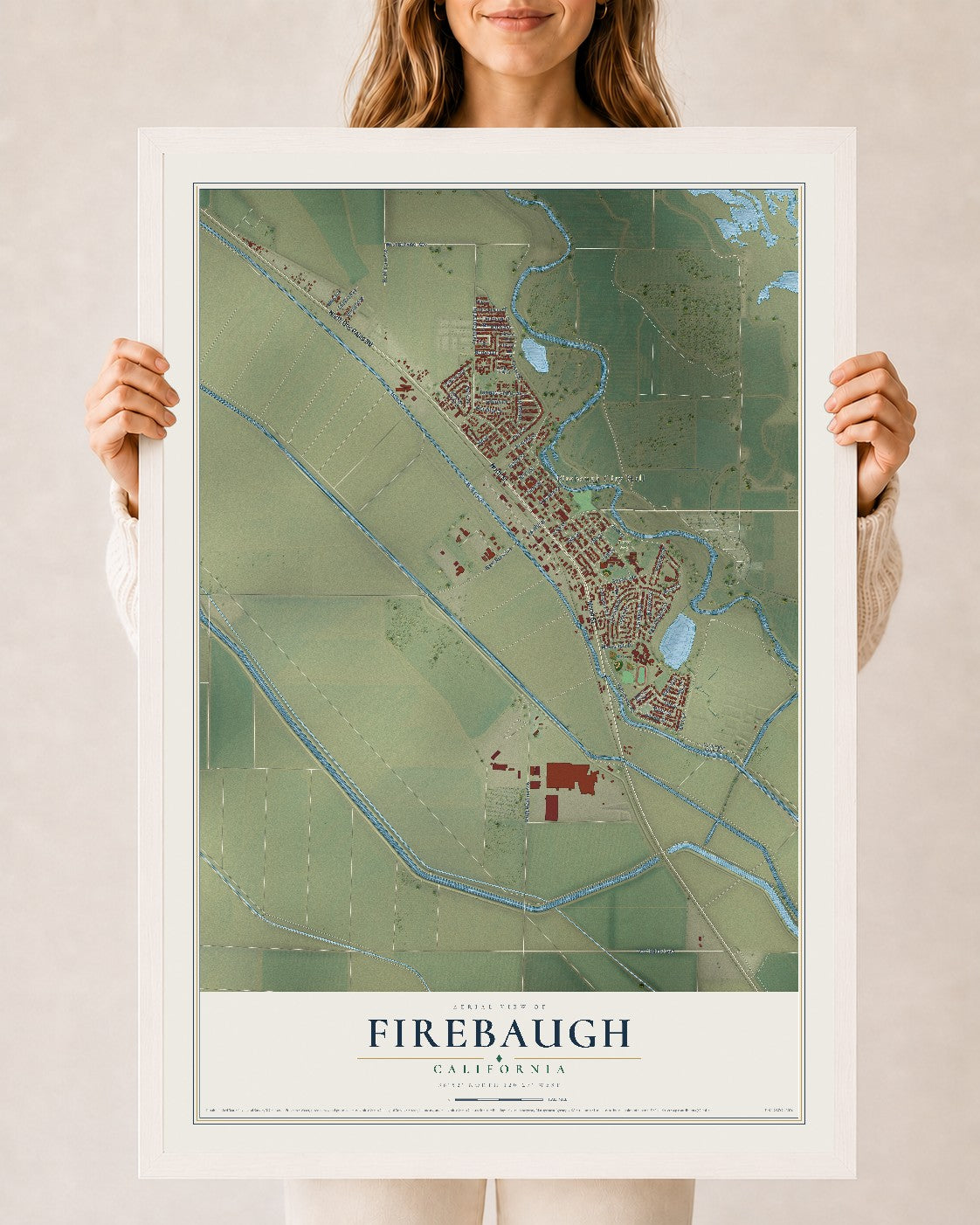 Map of Firebaugh, California, 24 x 36 inch print in a white wood frame