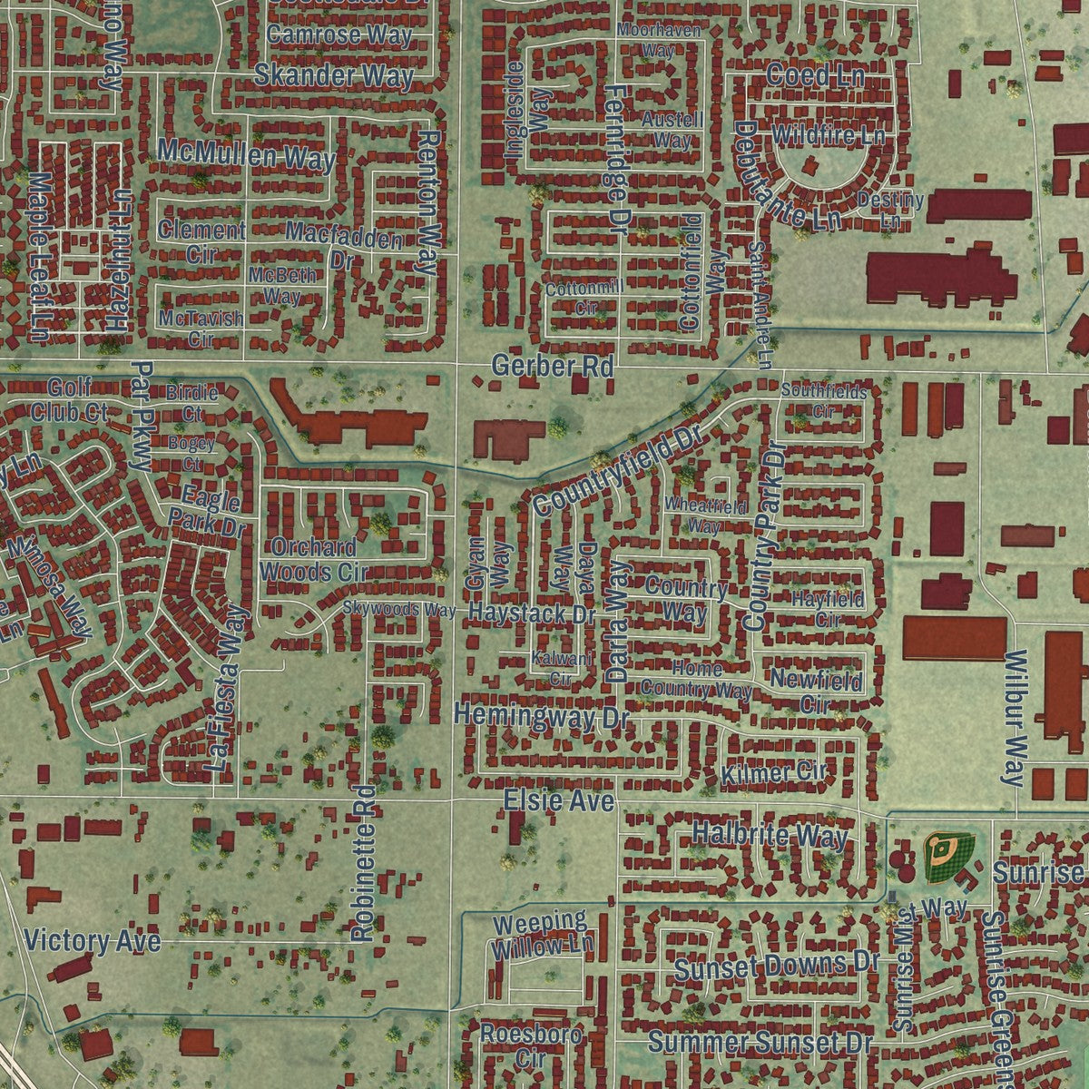 Close-up of the map of Florin, California print showing street and building detail