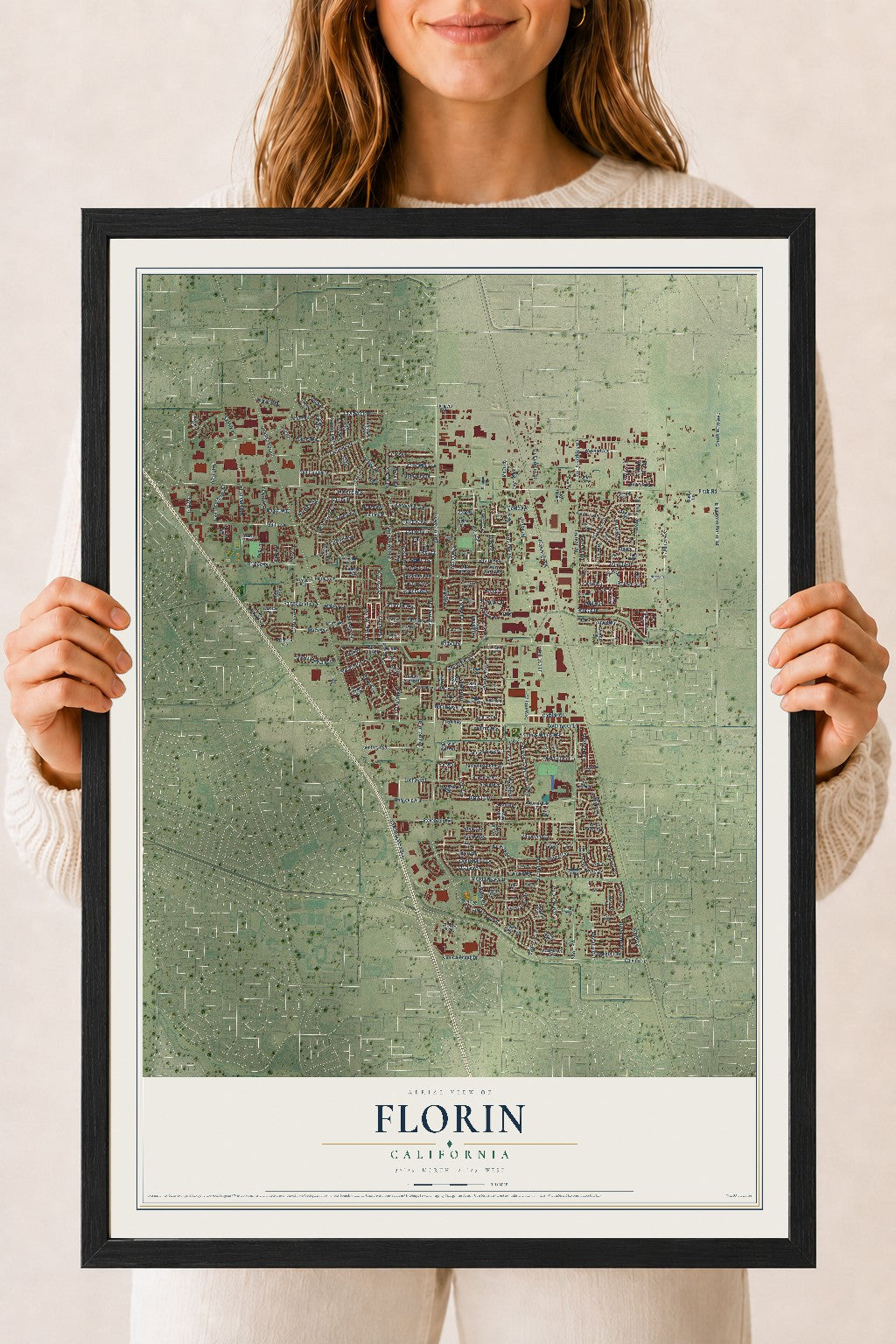 Map of Florin, California, 18 x 24 inch print in a black wood frame