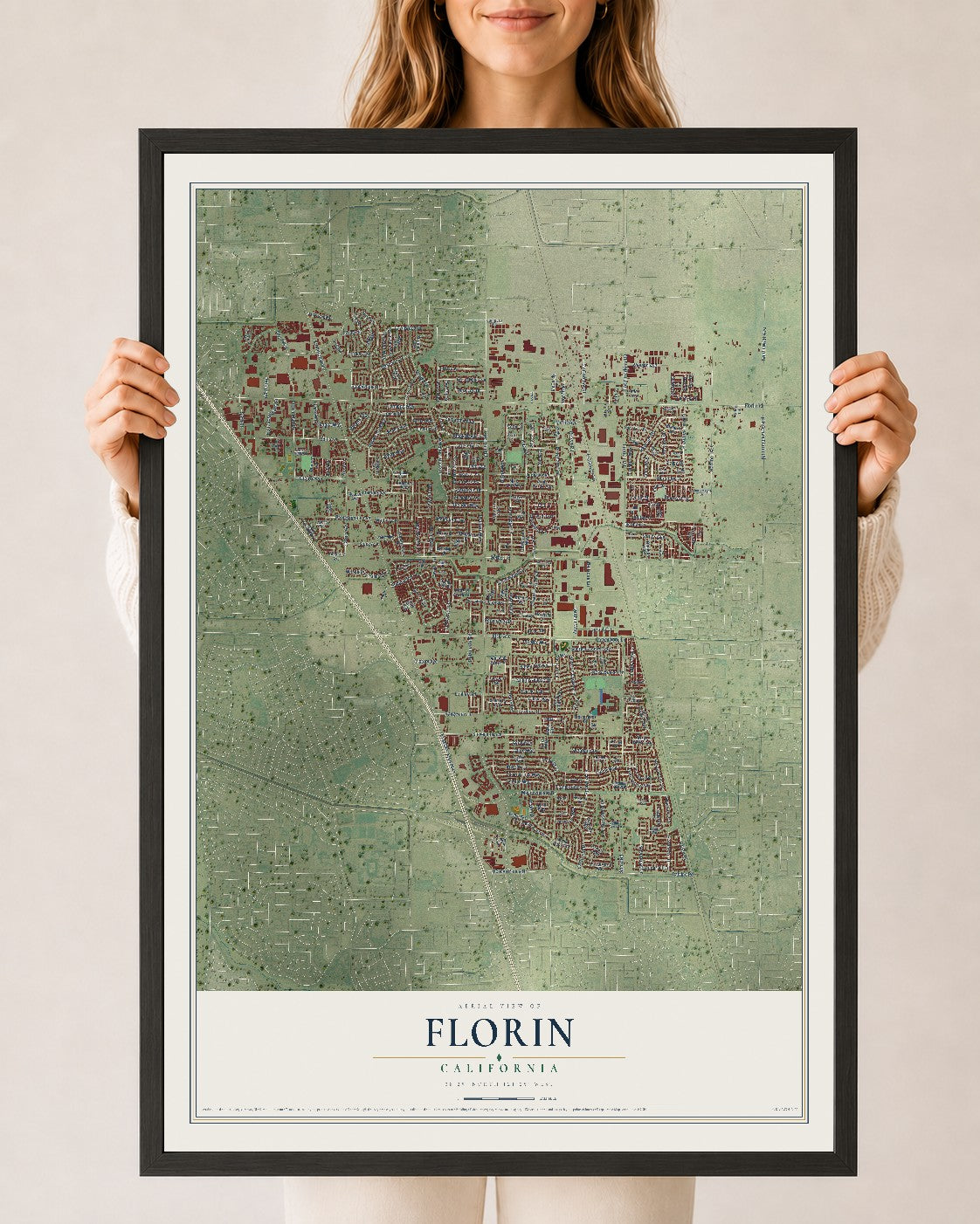 Map of Florin, California, 24 x 36 inch print in a black wood frame