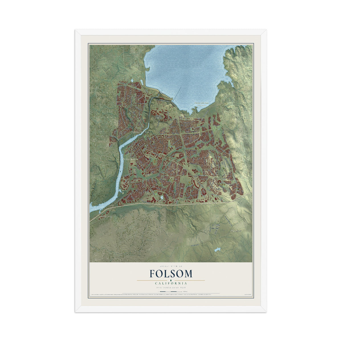 Map of Folsom, California, 12 x 18 inch print in a white wood frame