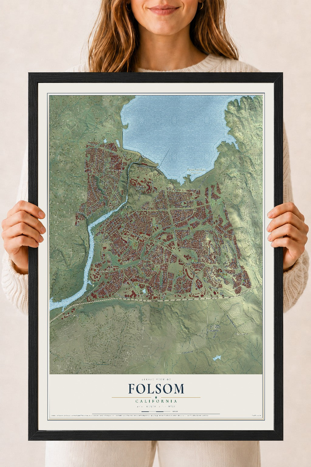 Map of Folsom, California, 18 x 24 inch print in a black wood frame
