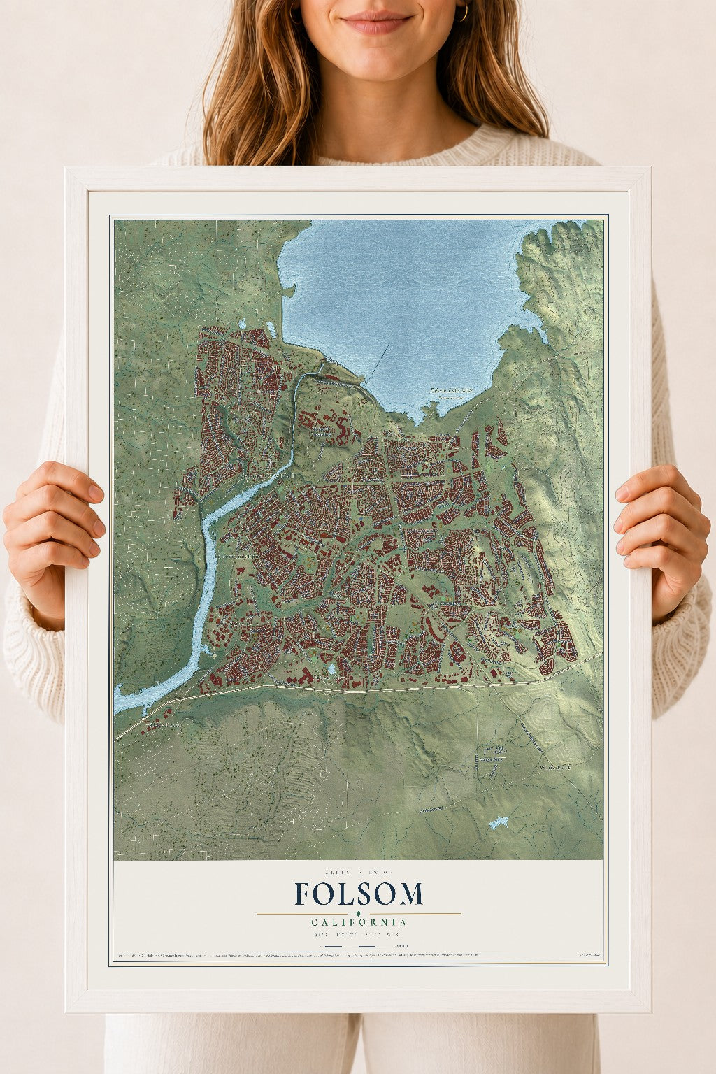 Map of Folsom, California, 18 x 24 inch print in a white wood frame