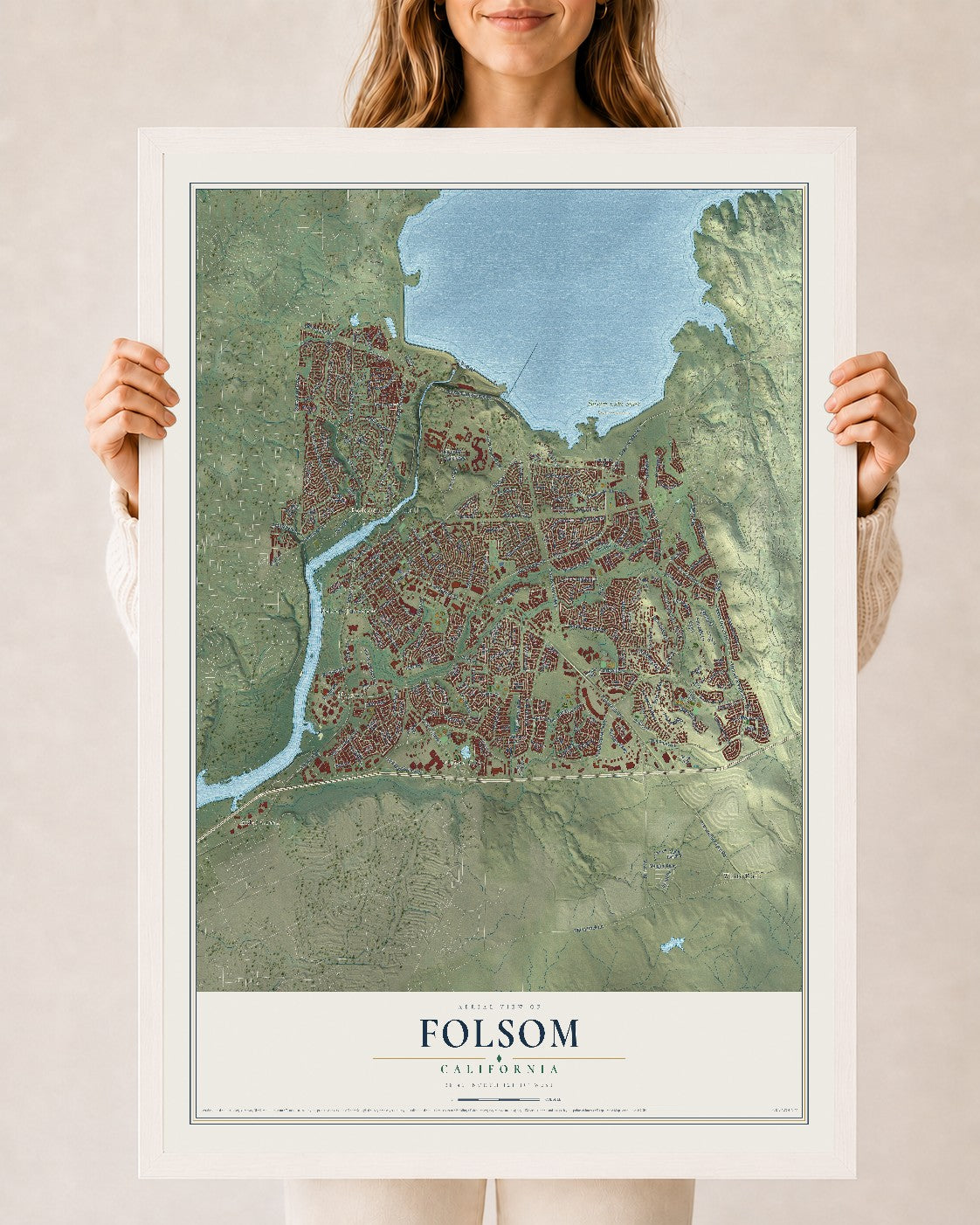 Map of Folsom, California, 24 x 36 inch print in a white wood frame