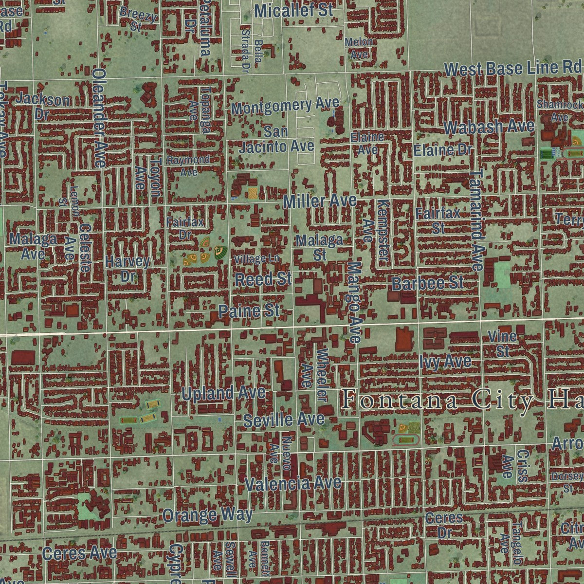 Close-up of the map of Fontana, California print showing street and building detail