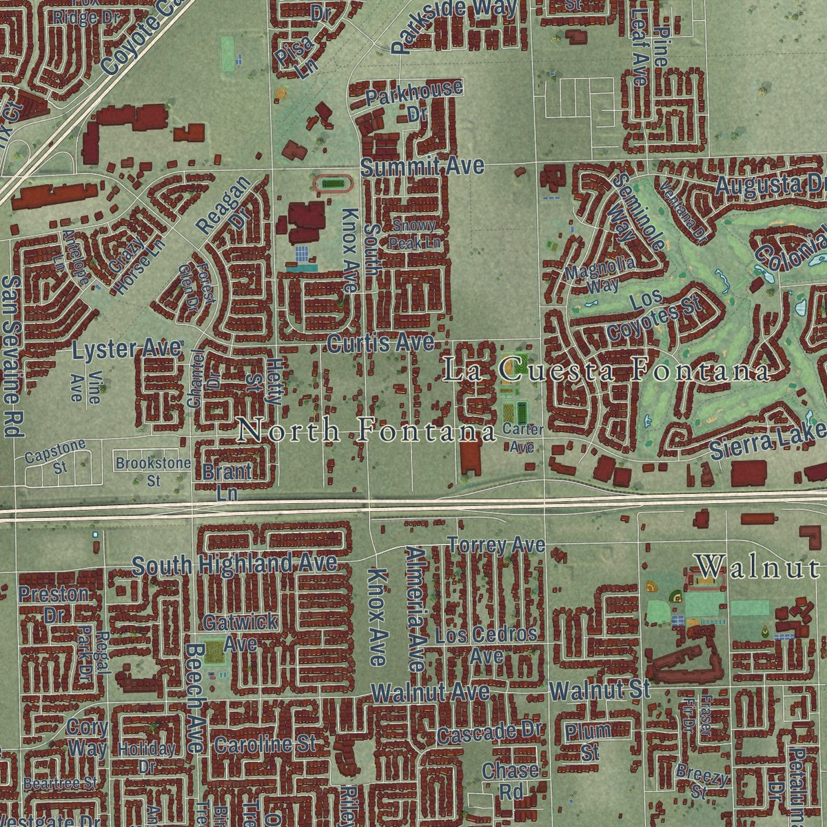 Second close-up of the map of Fontana, California print showing more streets and buildings