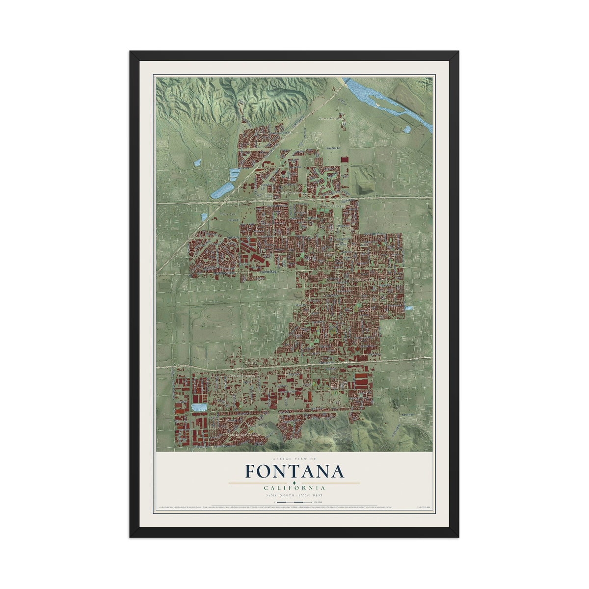 Map of Fontana, California, 12 x 18 inch print in a black wood frame