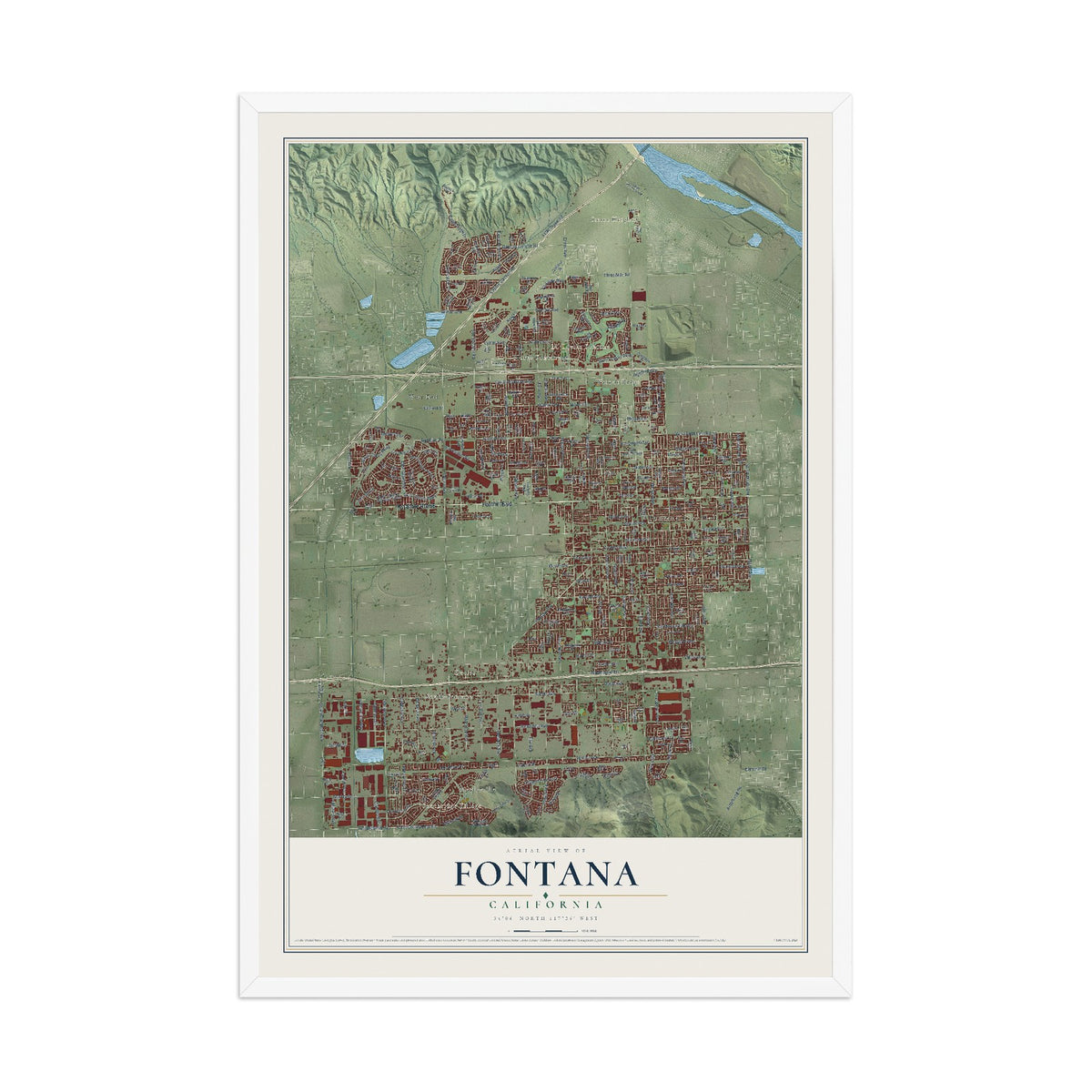Map of Fontana, California, 12 x 18 inch print in a white wood frame