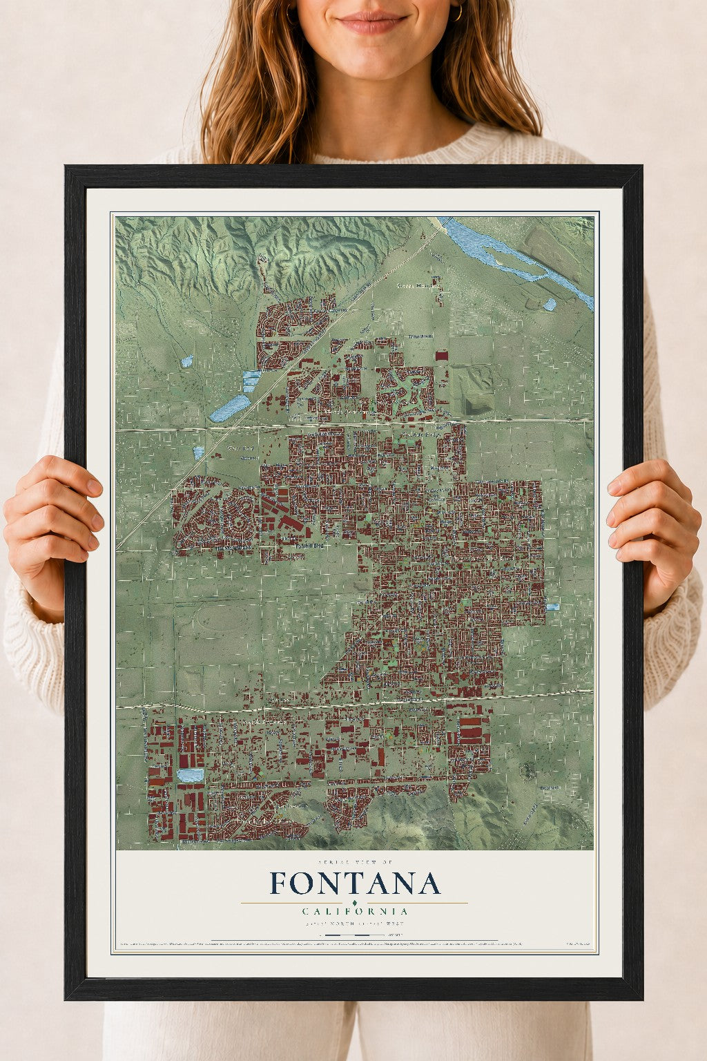 Map of Fontana, California, 18 x 24 inch print in a black wood frame