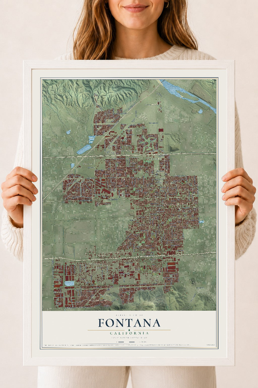Map of Fontana, California, 18 x 24 inch print in a white wood frame