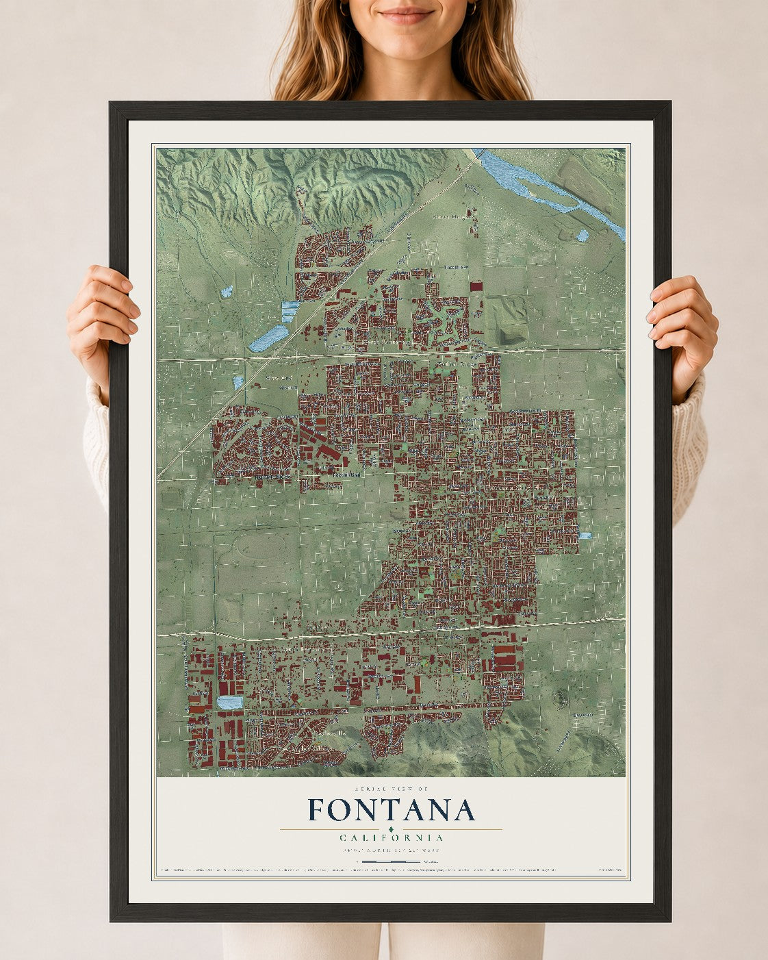 Map of Fontana, California, 24 x 36 inch print in a black wood frame