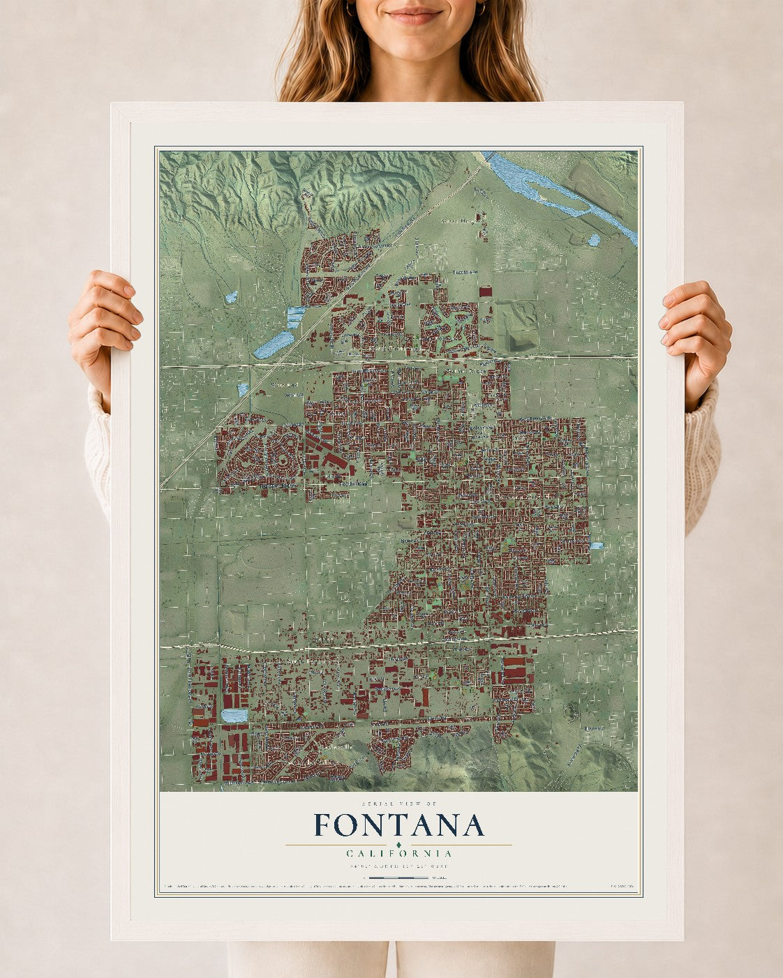 Map of Fontana, California, 24 x 36 inch print in a white wood frame