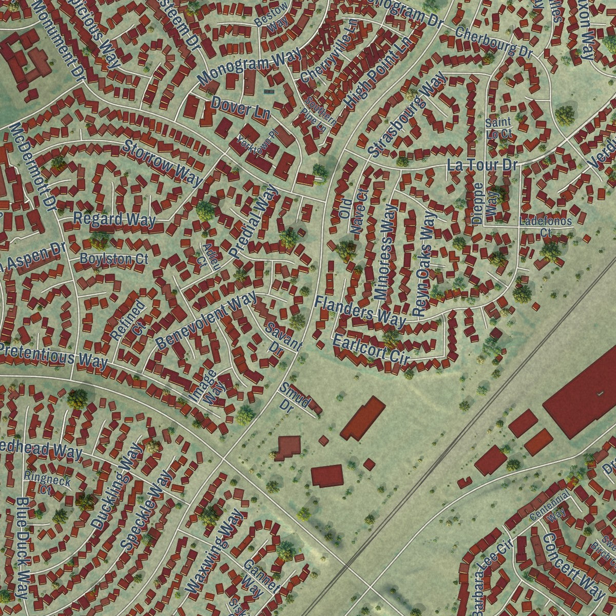 Close-up of the map of Foothill Farms, California print showing street and building detail