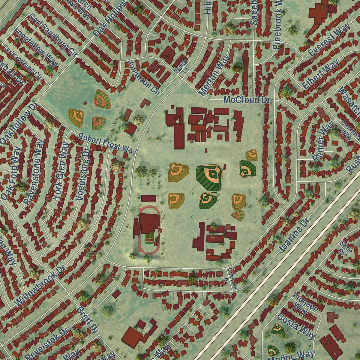Second close-up of the map of Foothill Farms, California print showing more streets and buildings