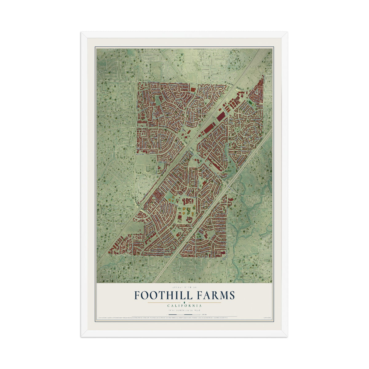 Map of Foothill Farms, California, 12 x 18 inch print in a white wood frame